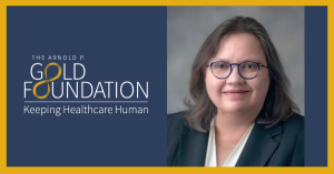 Headshot of Dr. Kathleen Reeves on a navy background next to the Gold Foundation logo