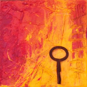 Orange and red contemporary artwork featuring a key, by artist Ludmila Pawlowska for the ICONS in Transformation exhibit April 23 through June 11 at St. Martin's Lutheran Church.
