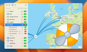 A screenshot of the main application window of Little Snitch Mini. The window contains a list of applications connecting to servers on the Internet, and a world map showing where these servers are located.