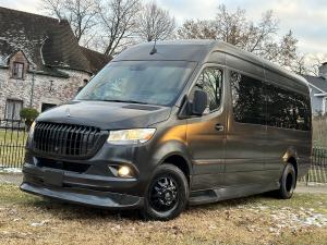 Exterior photo of Luxury Matte Black Mercedes Benz Sprinter Limousine