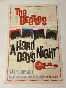 One-sheet poster for A Hard Day’s Night (United Artists, 1964), the group’s black-and-white debut film (the poster is in color), directed by Richard Lester.
