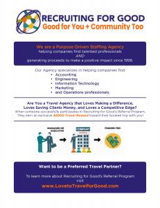 Love selling luxury travel, helping make a positive impact, and saving your clients money on travel; collaborate with Recruiting for Good to do all three to learn more visit www.LovetoTravelforGood.com