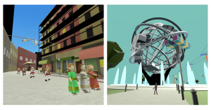 Photographs from two of the Thrive Vignettes. One shows a recreated street scene of Little Italy circa 1930. The other is a photo of the recreation of the 1964 Worlds Fair.