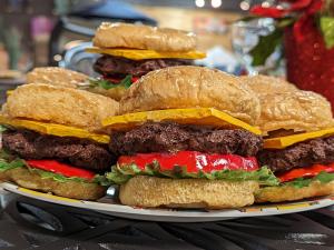 Acrylic and hand painted clay hamburgers to merchandise a grill display.