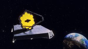 View of the JWST on the left with Earth on the right