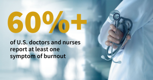 A clinician on the side, with a stethoscope visible, and the words: 60%+ of doctors and nurses have at least 1 symptom of burnout