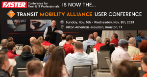 An image of Transit Technologies CEO Gerry Leonard at the FASTER User Conference 2022 used on the announcement for the Transit Mobility Alliance User Conference 2023