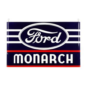 Scarce 1940s Canadian Ford Monarch porcelain dealer sign with bullnose ends, quite rare, 45 ¼ inches by 74 ½ inches and boasting exceptional color and gloss (CA$10,030).