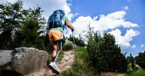 Rear view of an active male tourist enjoying Nordic walking with prosthetic leg