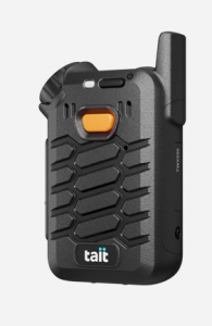 The image is of the TAIT AXIOM Wearable communications device, front on, with a uniform white background.