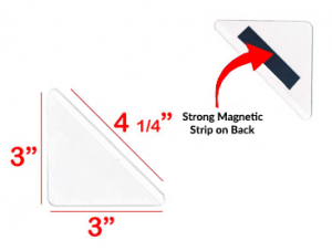 Image contains a StoreSMART magnetic corner in royal blue. The magnetic corner is turned over to reveal the backside where a magnetic strip is attached.