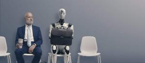 human sitting next to robot in the waiting room artificial intelligence