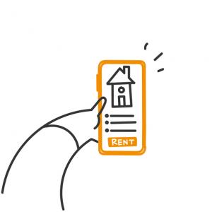 hand drawn doodle Hand holding mobile smart phone with rent home app illustration