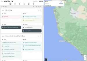 Planning view for Turas.app that shows how travelers can organize trip itineraries