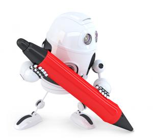 robot holding large pen to produce book advertisement