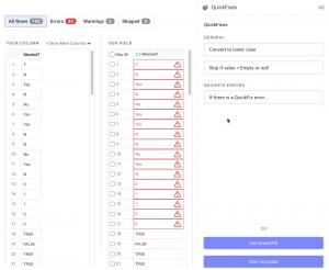 This gif shows a column with a number of errors because the system won't accept the data. The user enters an example of the desired output. GPT-4 completes the request and generates a formula to show its work.