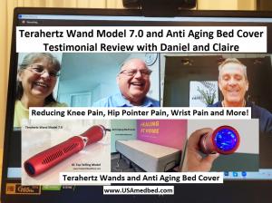 A photo of a Terahertz Wand customer providing a testimonial on assisting with knee pain, back pain and hair growth