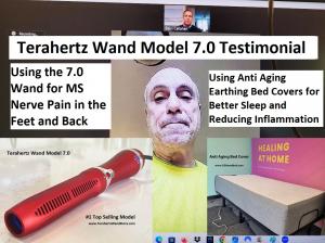 A photo of a person named Kirk giving a Terahertz Wand review on how it is helping him with MS, foot pain and neck soreness.