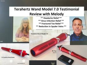 A photo of a woman named Melody talking about how the Terahertz Wand has helped her fractured toe, headaches and sinus infection