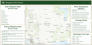 Screenshot of MitigationBankSearch.com website showing a search bar and a map of the United States with locations of mitigation banks highlighted.