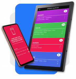 Gloworder's color identification screen for customers mobile phones paired with the bartender's queue screen on a tablet