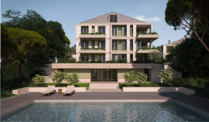 Fotografia da fachada do edifício AZO e piscina. Há árvores e arbustos à volta do edifício e da piscina.