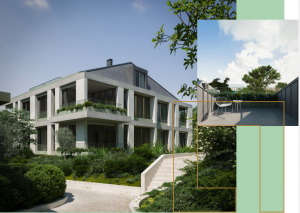 Fotografia da fachada do edifício de apartamentos AZO com escadas e paisagismo ao redor.