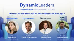 Image of 1 host and 3 speakers that are speaking on the DynamicLeaders Podcast on How will AI affect Microsoft BizApps?