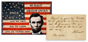 A handwritten note twice signed by Abraham Lincoln just days before winning the 1864 presidential election, to an unspecified recipient but most likely his eldest son Robert, signed in the third person as “Mr. L” and also as “A. Lincoln (est. $40,000-$50,