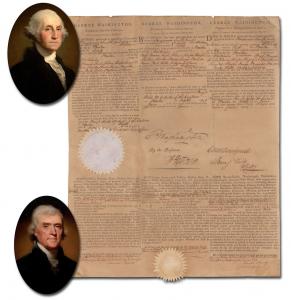 Sitting President George Washington and future president Thomas Jefferson boldly signed three-language ship’s papers for a Martinique-bound schooner on June 6, 1794, with massive signatures (est. $20,000-$30,000).