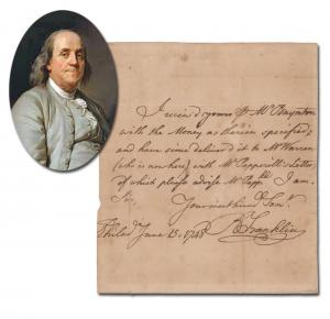 An autograph note signed by Benjamin Franklin, one of two signed Franklin items up for bid, dated June 15, 1748, the year Franklin rejected a colonelcy and enlisted in the Pennsylvania militia (est. $18,000-$24,000).