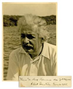 A charming photograph of Albert Einstein dressed in yachting clothes signed and inscribed by him to fellow scientist Dr. Max Heimann in December 1935, with PSA/DNA letter of authenticity (est. $9,000-$12,000).