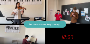 In a split screen of 4 frames, students practice different instruments.