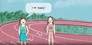 An illustration of 2 female runners standing on a track. One says "I'm ready!"