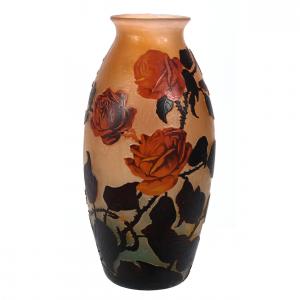 French cameo art glass vase signed Muller Freres Luneville, 13 inches tall, having pink, yellow and blue ground with incredible cameo carved rose overlay, and fantastic detail (est. $1,500-$2,500).