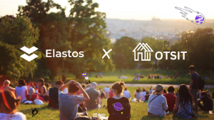 A group of people sitting in the park with OTSIT and Elastos logos superimposed.
