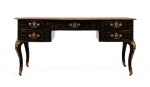 Period Louis XV bureau plat (French flat-topped writing table having drawers to the frieze), ebony veneer over walnut with oak secondary woods, gilt bronze mounts (est. $15,000-$25,000).
