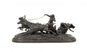Bronze sculpture after Evgeni Lanceray (Russian/French, 1848-1886), a large winter scene titled A Pleasure Ride in a Winter Troika, 16 inches tall by 37 inches wide (est. $30,000-$50,000).