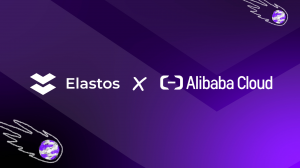 Elastos and Alibaba Cloud logos on a purple background.