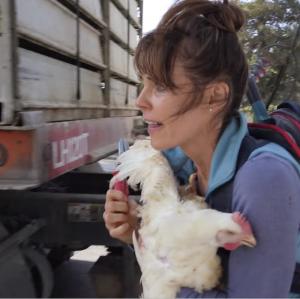 Actress/Activist Alexandra Paul with a chicken. She called it a rescue, not a theft. Courtesy DxE