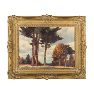 Oil on board painting by Franz Johnston (Canadian, 1926-1941), a founding member of the Group of Seven, titled Pines Near Penetang (CA$15,340).