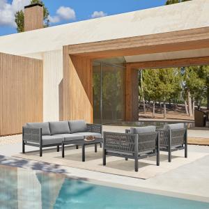 Armen Living's Mareike 4 Piece Outdoor Patio Furniture Set in Aluminum and Rope combines aluminum, weather resistant upholstery and beautiful textured rope to create the perfect outdoor seating experience.