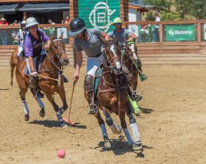A woman on a horse carries a polo ball across the arena in front of a group of arena polo players