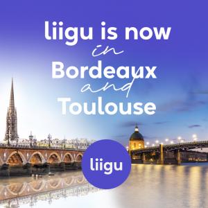 On the photo you see the logo of Liigu and pictures of Toulouse and Bordeaux with the text - Liigu is now available in Toulouse and Bordeaux.