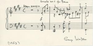 Sheet music for Sonata No. 1 for Piano (1953), handwritten and signed by George Walker (1922-2018), the first African American to win the Pulitzer Prize for Music (est. $400-$500).