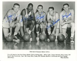 8 inch by 10 inch black and white glossy photograph of the starting members of the 1960 Boston Celtics basketball team, signed in blue fine tip marker by all five players (est. $750-$1,000).