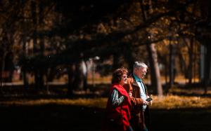 An older couple walking through a park with blurred-out trees with yellow fall leaves in the background.