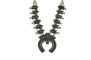 L. Kendy sterling silver squash blossom necklace, "Sleeping Beauty" turquoise needlepoint, hook and eye clasp, stamped "L. Kendy".