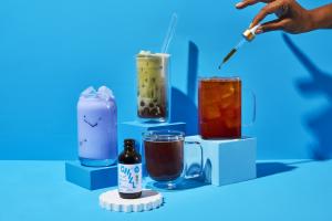 This is a photo of our new wellness drops/tinctures, named Chill & Digest, being used in a variety of our tea, latte, and boba latte drinks.