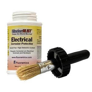 The HinderRUST Electrical Corrosion Protection refillable Brush-It Jar with brush applicator attached to the cap. It is easy to quickly apply product, then store without washing the brush between uses.